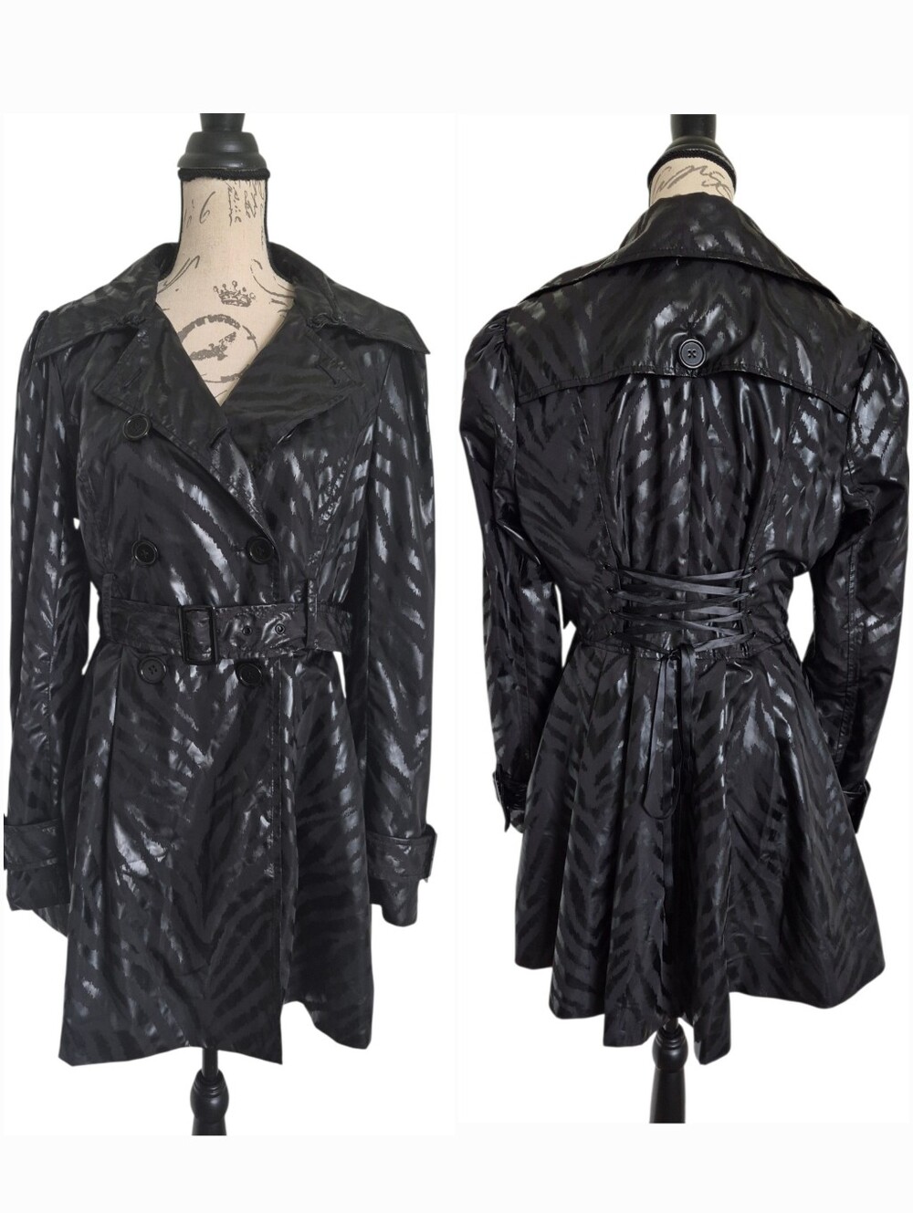 Bebe Vintage y2k Black Fit and Flare Lace up back Trench Coat L punk Glam Goth